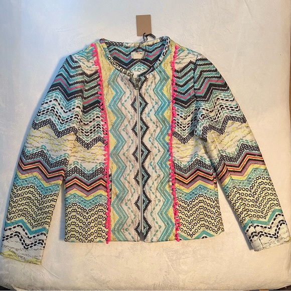 Molly Bracken Jackets & Blazers - Molly Bracken Womens Blazer Jacket L Yellow Blue Chevron Print Metallic Zip NWT